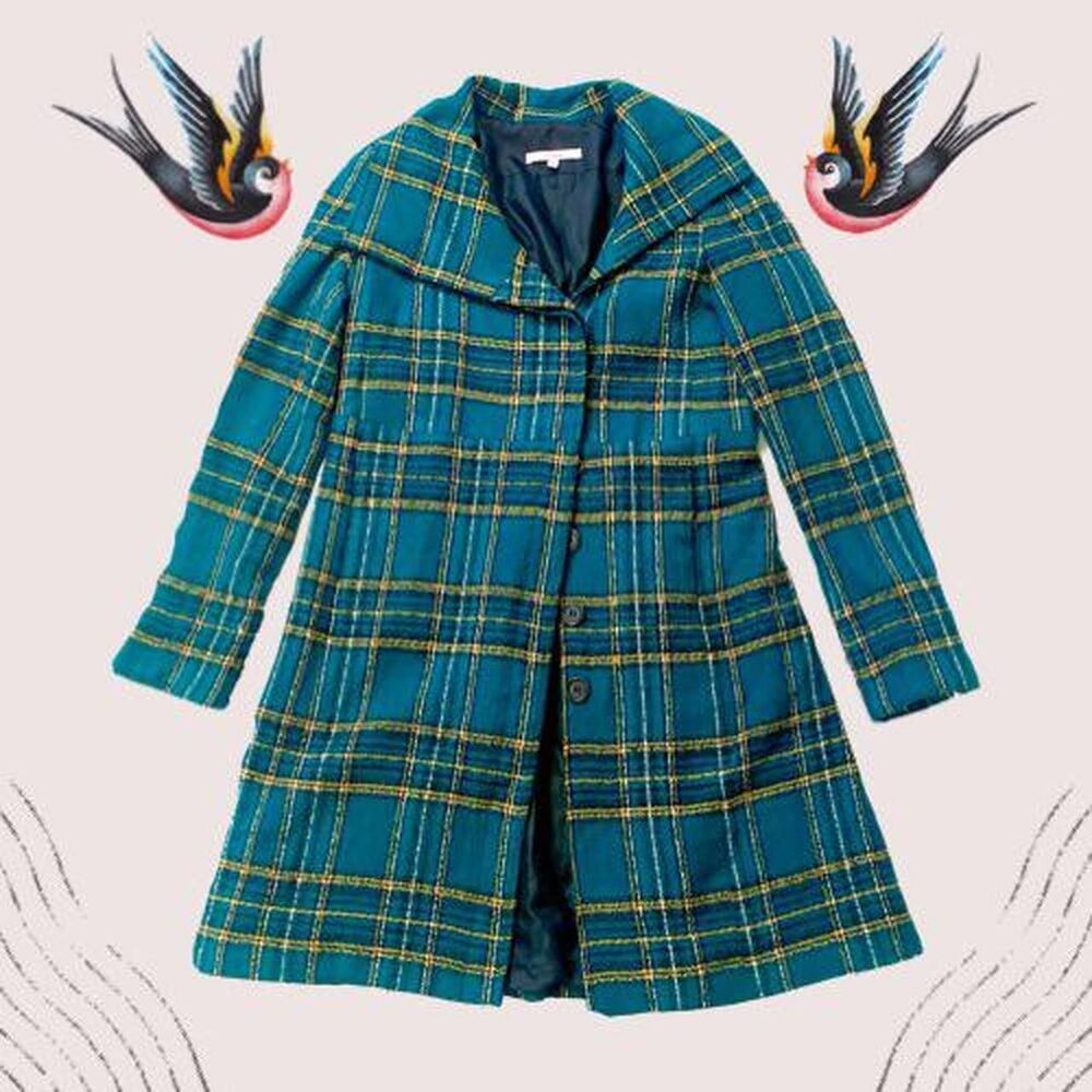 Vintage Y2K Green Plaid Pea Coat Jacket Size 6 M Button Front Preppy Cottagecore - Picture 2 of 5